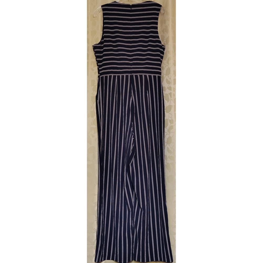 Tahari Navy Blue White Striped Wide Leg Sleeveless Jumpsuit with Pockets - Picture 2 of 16